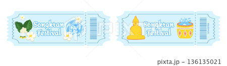 Set of entry tickets for Songkran Water Festival, Thai New Year celebration, with water splashes, buckets of water, tropical flowers, floral decorations and Buddha statue, spiritual Thai holiday 136135021
