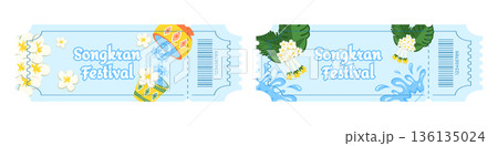Set of entry tickets for Songkran Water Festival, Thai New Year celebration, with water splashes, buckets of water, tropical flowers and traditional floral decorations, colorful festive design Set of entry tickets for Songkran Water Festival, Thai New Year celebration, with water splashes, buckets of water, tropical flowers and traditional floral decorations, colorful festive design 136135024