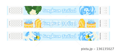 Songkran Thai New Year Festival Entry Wristband Set with Water Splashes, Flowers, Traditional Decorations, Elephant, Buddhist Temple and Buddha Illustration 136135027