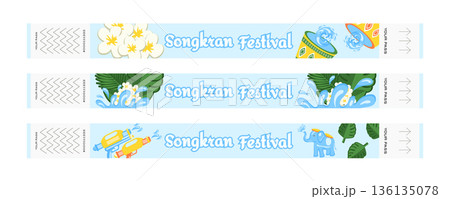 Songkran Thai New Year Festival Entry Wristband Set with Water Splashes, Flowers, Traditional Decorations, Elephant, Water Buckets and Water Guns 136135078