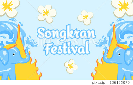 Songkran Thai New Year Festival Banner with Water Splashes, Temples, Elephants and Floral Decorations 136135079