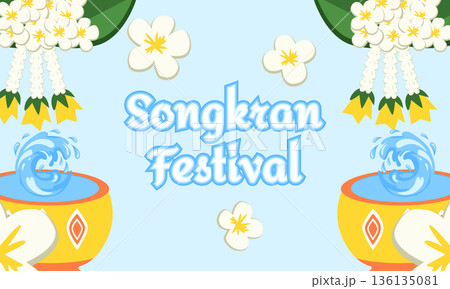 Festive Songkran Thai New Year Banner with Water Jars, Splashes, Tropical Flowers and Plants 136135081