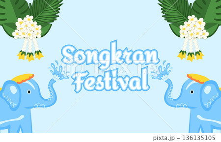 Songkran Thai New Year Festival Banner with Elephants, Water Jars, Tropical Flowers and Splashes 136135105
