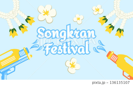Playful Songkran Festival Banner with Water Splashes, Water Guns, Tropical Decorations and Flowers 136135107
