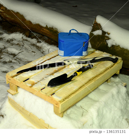 garden hacksaw and spatula on a wooden pallet in the snow 136135131