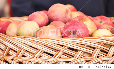 Freshly picked red and yellow apples filling a rustic wicker basket during harvest season 136135153
