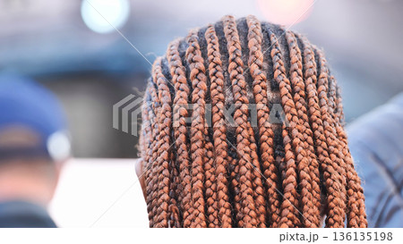 African-American woman showing long box braids hairstyle from back view African-American woman showing long box braids hairstyle from back view 136135198