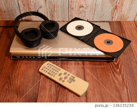 player with headphones and an open disc case 136135239