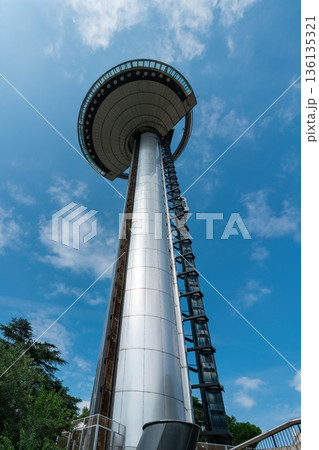 Faro de Moncloa observation tower in Madrid, Spain seen from below Faro de Moncloa observation tower in Madrid, Spain seen from below 136135321