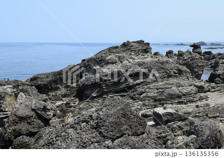 庄内海岸の岩場風景 136135356
