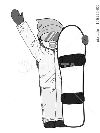 スノボを持って手を挙げる女性 グレー 136135409