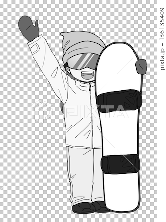 スノボを持って手を挙げる女性 グレー 136135409