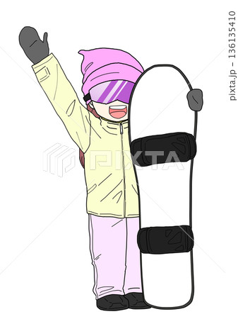 スノボを持って手を挙げる女性 136135410