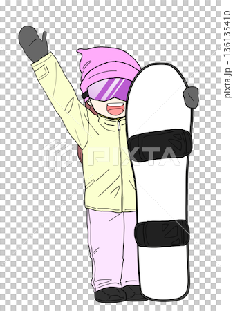 スノボを持って手を挙げる女性 136135410