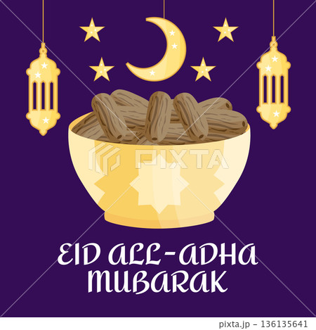 Eid al Adha Mubarak greeting card and banner with lanterns, stars and plate of dates, Islamic holiday illustration for Muslim festive celebration Eid al Adha Mubarak greeting card and banner with lanterns, stars and plate of dates, Islamic holiday illustration for Muslim festive celebration 136135641