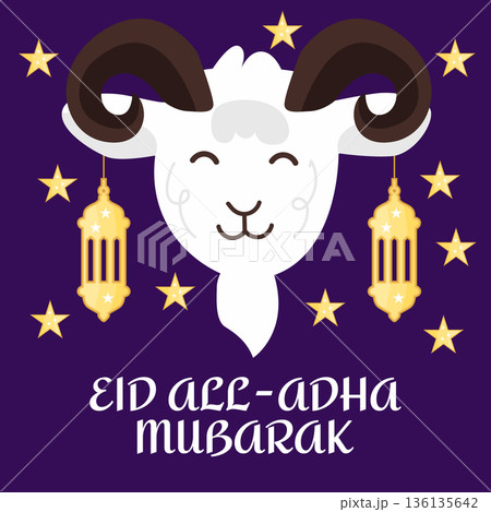 Eid al Adha Mubarak greeting card and banner with goat, stars and Islamic lanterns, Muslim holiday illustration for festive celebration 136135642