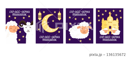 Eid al Adha Mubarak greeting banner set with cute sheep and goat, crescent moon, lantern, mosque and stars, Islamic festival illustration Eid al Adha Mubarak greeting banner set with cute sheep and goat, crescent moon, lantern, mosque and stars, Islamic festival illustration 136135672
