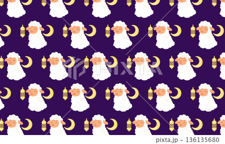 Eid al Adha Seamless Pattern with Lamb, Islamic Lanterns and Crescent Moon 136135680
