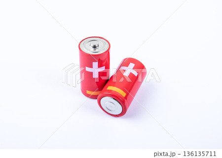 Red Battery Cells Isolated On White Background Red Battery Cells Isolated On White Background 136135711