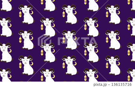 Eid al Adha Seamless Pattern with Goat, Lanterns and Crescent Moon 136135716