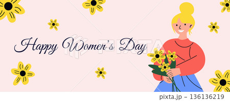 International Womens Day greeting banner with happy woman holding yellow flowers 8 March illustration 136136219