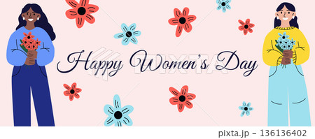 International Womens Day greeting banner with happy interracial women holding flowers 8 March illustration 136136402