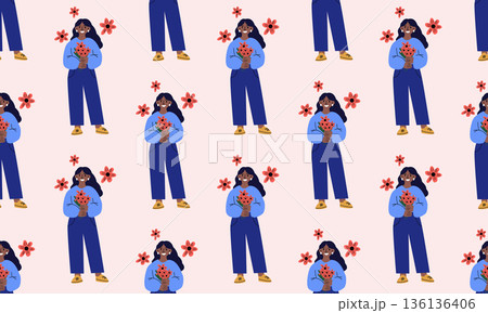 International Womens Day seamless pattern with dark skinned woman holding flowers 8 March illustration 136136406