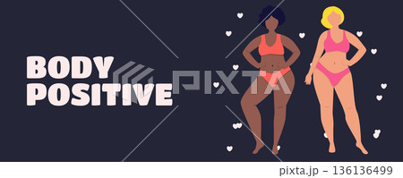 Body positive banner with beautiful multiracial plus size women in underwear and swimwear diversity empowerment concept 136136499
