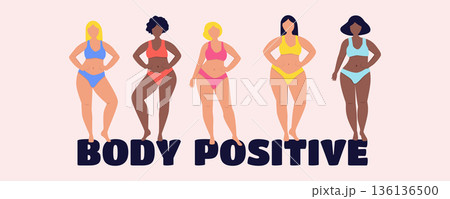 Inclusive body positive banner with confident multiracial plus size women in lingerie and swimwear 136136500