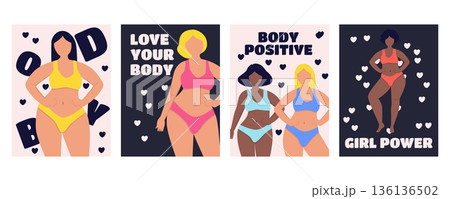 Body positive banner card set with beautiful multiracial plus size women in underwear and swimwear inclusive diversity concept 136136502