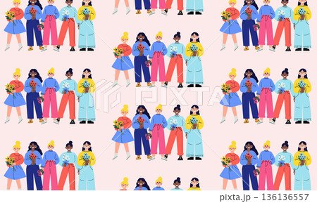 International Womens Day seamless pattern background with interracial women holding flower bouquets 8 March illustration 136136557