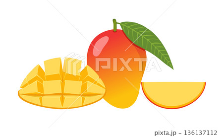 Fresh sweet mango displayed as whole and sliced cubes vibrant yellow orange tones minimal modern style 136137112