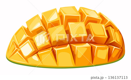 Colorful mango fruit with smooth gradient skin and diced flesh presented clean and glossy perfect for food design Colorful mango fruit with smooth gradient skin and diced flesh presented clean and glossy perfect for food design 136137113