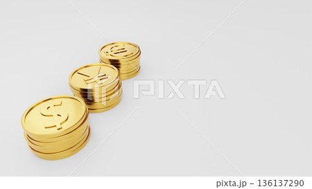 白背景の左側のドル・円・ユーロ金貨と右側の大きな余白 資産形成・積立投資・グローバルなマネープランの 136137290