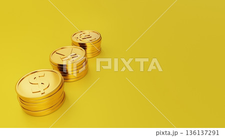 黄色の背景の左側のドル・円・ユーロ金貨と右側の余白 繁栄・金運・ポジティブなドル資産形成のイメージ 136137291