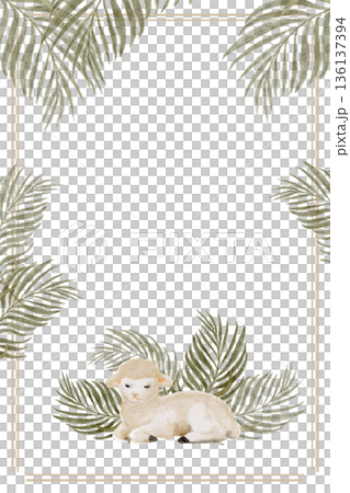 Seamless pattern with lamb and palm leaves, hand-painted watercolor, calm Christian composition for Easter design, faith branding, textiles, packaging, stationery, seasonal backgrounds. Natural tones 136137394