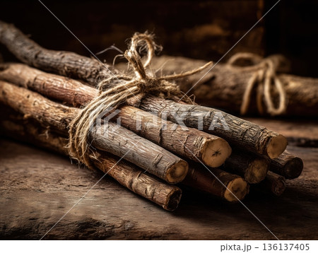 麻ひもで束ねたごぼうの3D静物フードイラスト 136137405