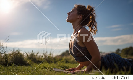 草原の青空の下で上向きポーズをする女性ヨガ 136137551