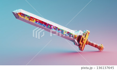 レトロ8ビット風ボクセルの剣アイコン 3Dイラスト 136137645