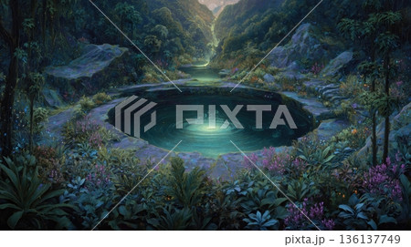神秘の森の渦巻く泉と川 3Dイラスト 136137749