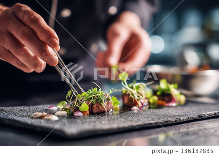 ピンセットで盛り付けるシェフの高級料理 136137835