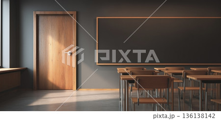 日差しが入るミニマルな教室と黒板 3Dイラスト 136138142