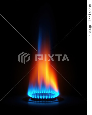 黒背景に立ち上がる青いガス炎 3Dイラスト 黒背景に立ち上がる青いガス炎 3Dイラスト 136138246