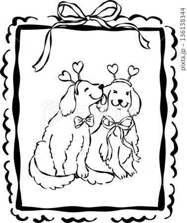 Cute Valentine Dogs Golden Retriever Outline Happy Couple in Vintage Frame Whimsical Hand Drawn 136138344