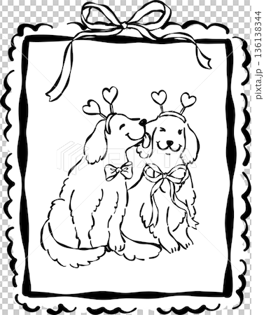 Cute Valentine Dogs Golden Retriever Outline Happy Couple in Vintage Frame Whimsical Hand Drawn 136138344