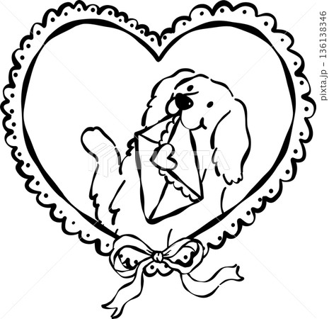Cute Valentine Dog Golden Retriever Outline with Love Letter in Heart Vintage Frame Whimsical Hand Drawn 136138346