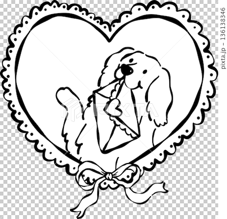 Cute Valentine Dog Golden Retriever Outline with Love Letter in Heart Vintage Frame Whimsical Hand Drawn 136138346