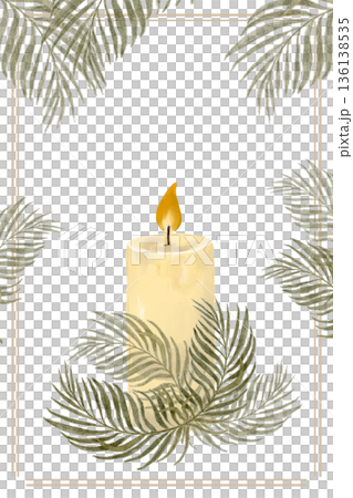 Watercolor poster with glowing candle, framed by palm leaves, warm neutral palette and calm composition, ideal for wellness branding, spa decor, meditation prints, invitations and serene interiors Watercolor poster with glowing candle, framed by palm leaves, warm neutral palette and calm composition, ideal for wellness branding, spa decor, meditation prints, invitations and serene interiors 136138535