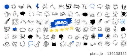 Comic effect manga elements set in black ink on white background. Hand drawn doodle bursts, speed lines, speech Comic effect manga elements set in black ink on white background. Hand drawn doodle bursts, speed lines, speech 136138583