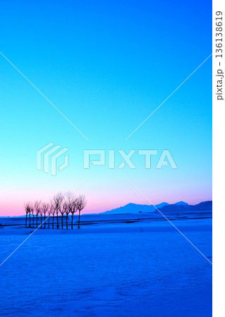 雪原のハサ木朝焼けの夜明け・越後三山冬景色 雪原のハサ木朝焼けの夜明け・越後三山冬景色 136138619
